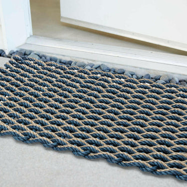 Lobster Rope Doormats, Outdoor Door Mats, Wicked Good Door Mats Made in Maine, Navy & Dark Tan Double Weave, Angled View in Front Door